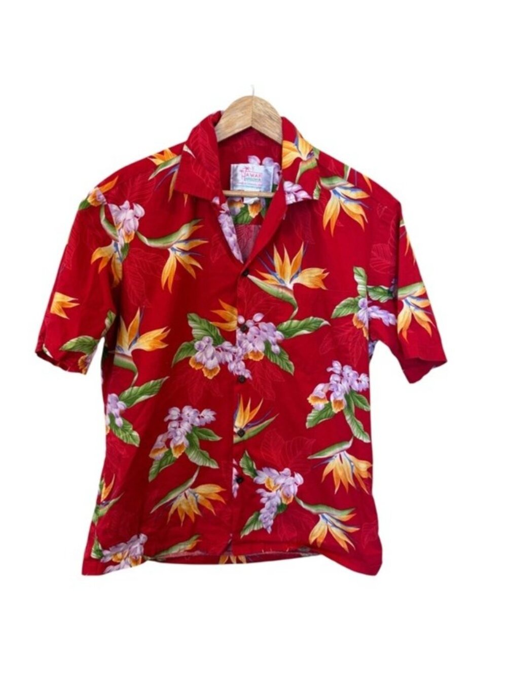 Hawaii Hangover Men’s Aloha Shirt Medium Red Floral Hibiscus Bird of Paradise